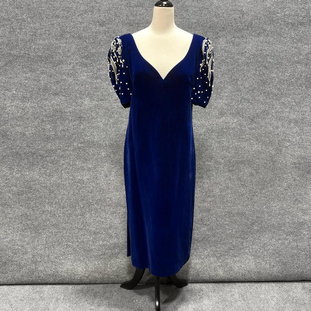 Vintage Jarin Dress Womens 12 Blue Velvet Beaded Puff Sleeve Sheath Midi Party